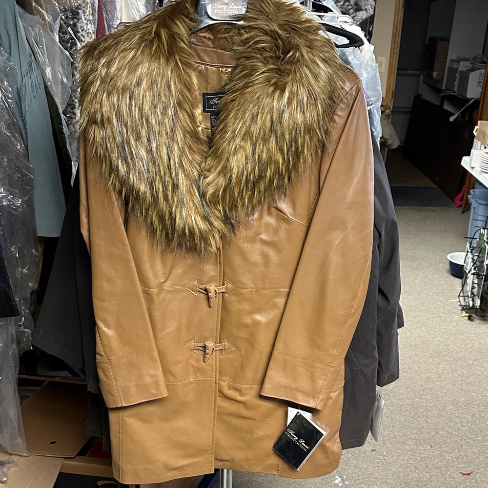 Terry Lewis Classic Luxuries Tan Leather Jacket with Faux Fur Trim
